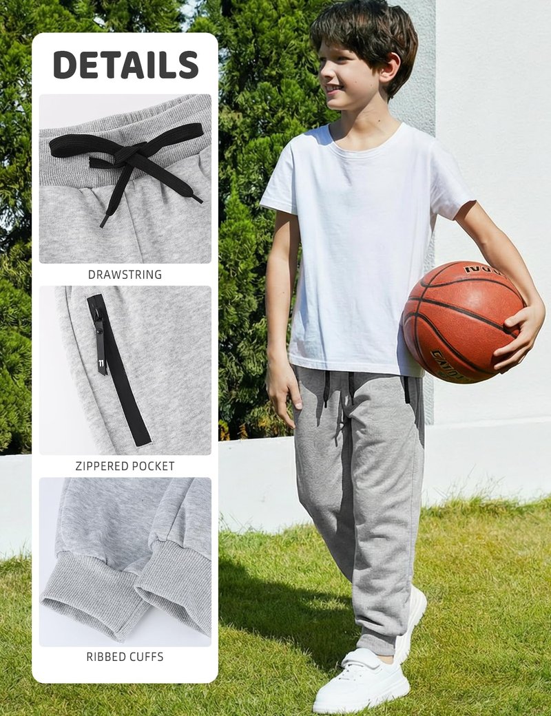 Gihuo 3 Pack Boys Sweatpants Athletic Workout Kids Joggers with Zipper Pocket Drawstring Active Casual Soft Jogging Sweat Pants (BlackLightGreyDarkGrey-S)