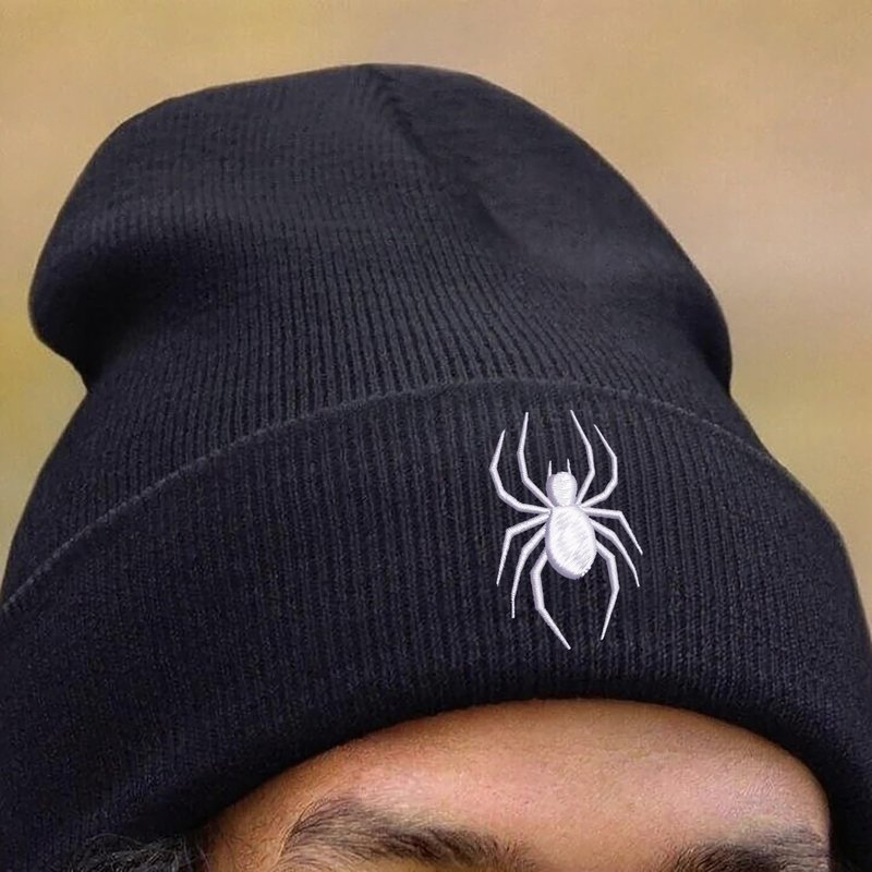 Cool Spider Web Pattern Halloween Beanie, Embroidered araneid Wool Knit Beanies Hats Gift for Men Women, Keep Warm Soft Stretchy Winter hat for Cold Weather araneid Accessory Black