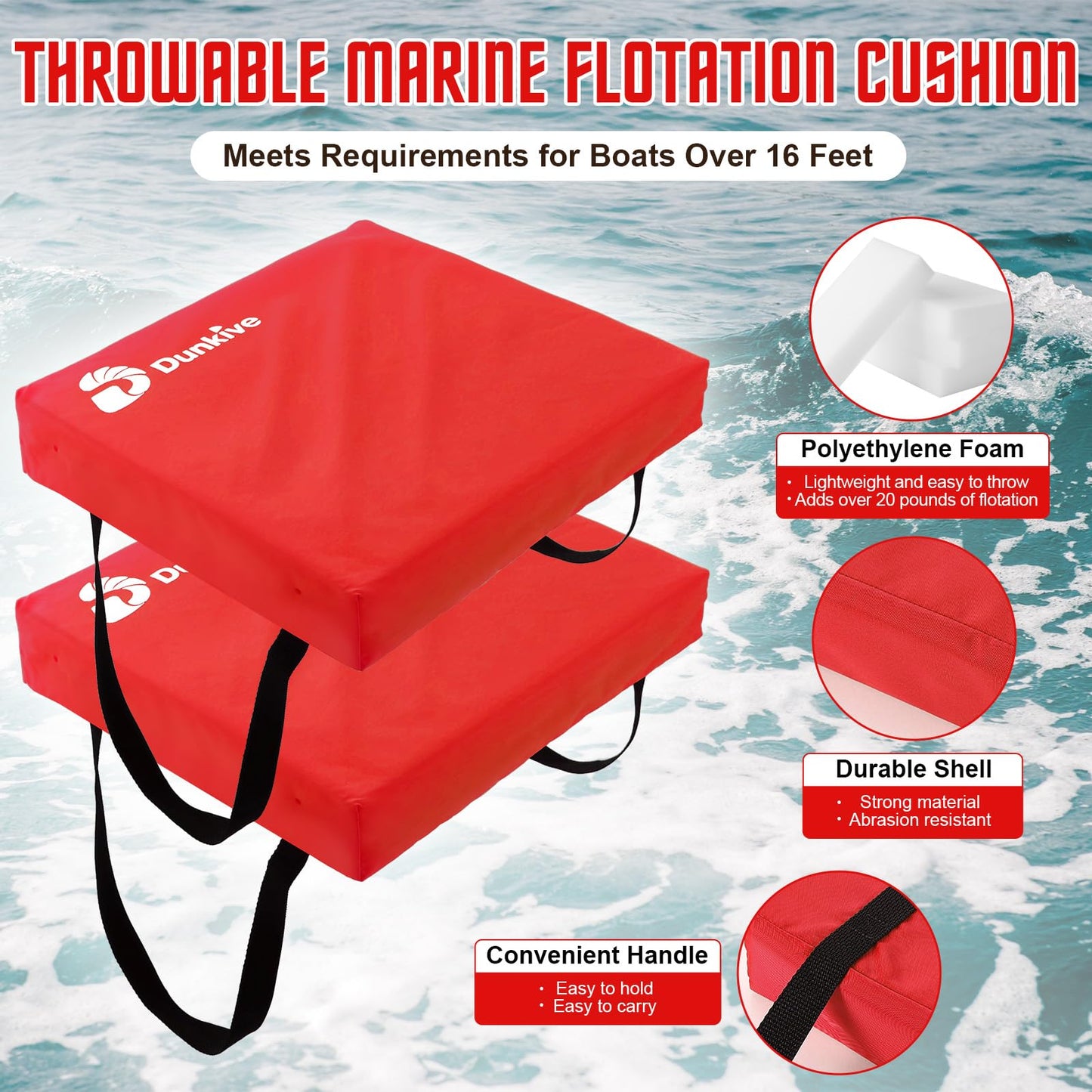 Dunkive 2 Pack Boat Throw Flotation Cushion, USCG Approved, Emergency Marine Throwable Flotation Device, Foam Boat Cushions Life Preserver, Throw Cushions for Boats, Kayaks, Canoes(Red)