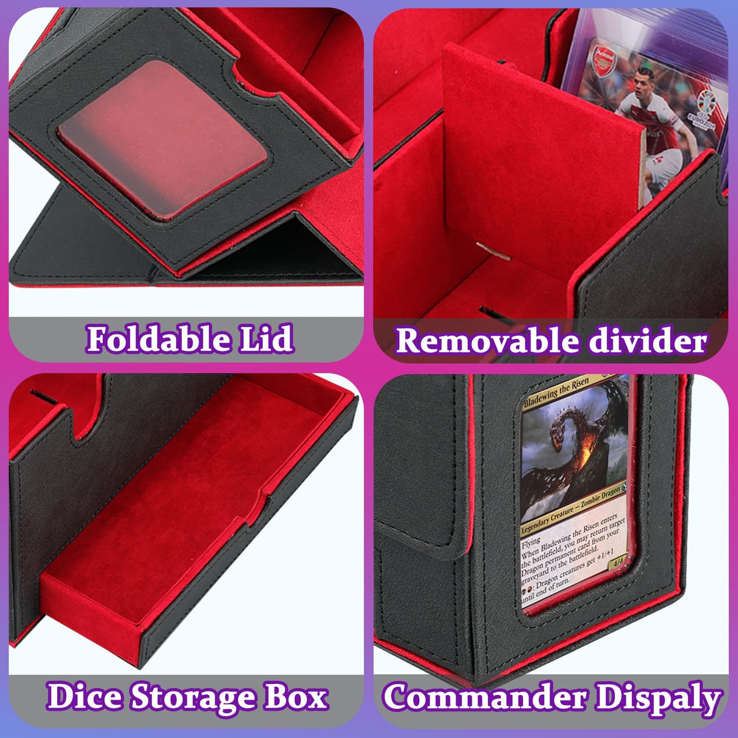 QTYORD Card Deck Box for Trading Cards with Dice Tray&Commander Dispaly, Card Storage box Fits 200+ Single Sleeved Cards, PU Magnet Card Deck Case for MTG TCG (Black/Red)