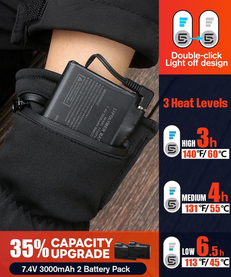 ES Tech Heated Gloves for Men Women Rechargeable with 7.4V 3000mAh Battery Waterproof Fingless Heated Mittens for Winter Work Typing with Light-Off Design