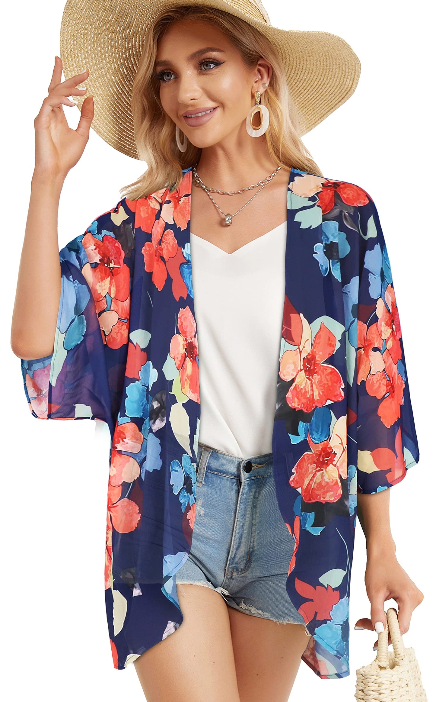 Summer Kimono Cardigan for Women Sheer Light Tops Casual Open Front Swimwear Shirts Beach Cover ups (Oil Blue,2XL)