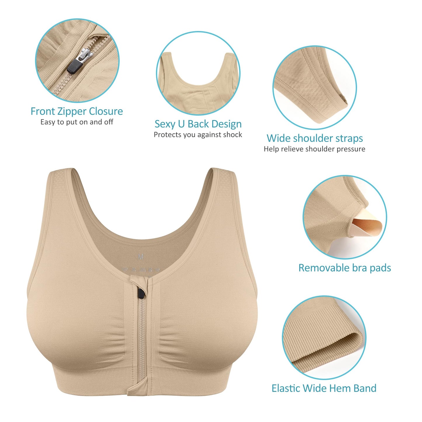 WANAYOU Women's Zip Front Sports Bra Wireless Post-Surgery Bra Zipper Closure Bras Padded Surgical Bra Racerback Workout Bras Zipped Yoga Sports Bras Active Bras Seamless Mastectomy Bra Post Op Bras