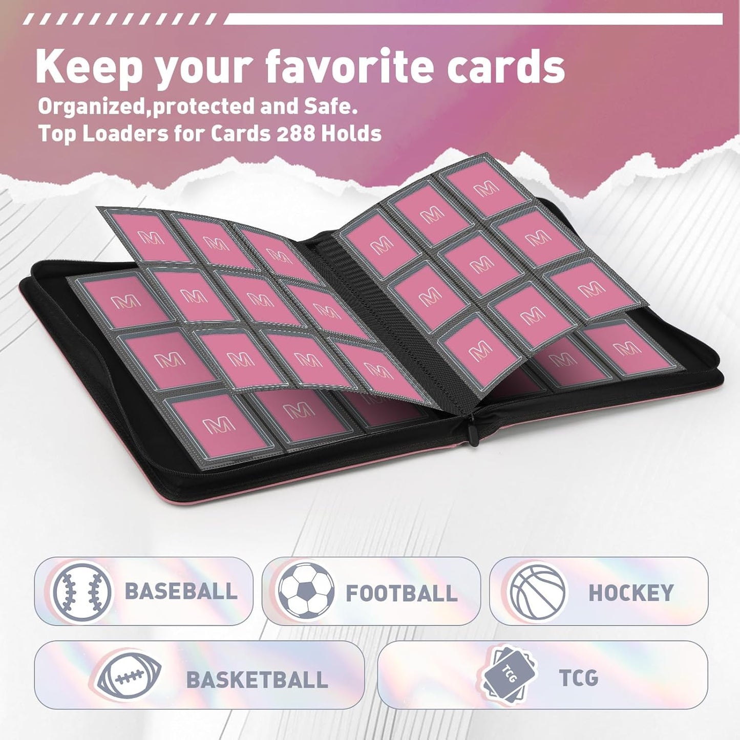 Trading Card Binder - 9-Pocket Toploader Storage for 288 Cards | Durable Hard Cases in Pink
