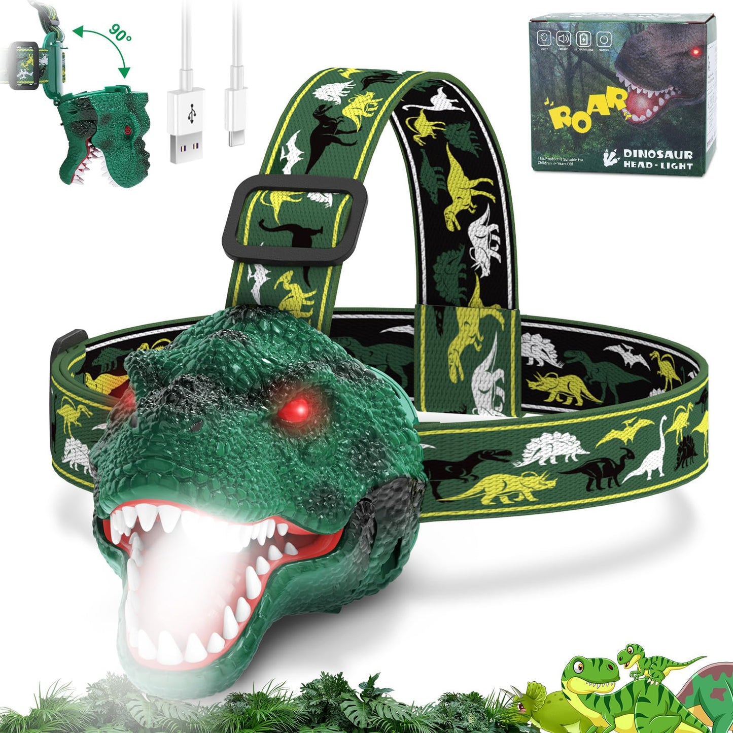 Nitigo Dinosaur Headlamp for Kids Flashlight Rechargeable Led Headlights Roar & Silent Mode, T-Rex Dinosaur Toys, Camping Gear, Gifts for Boys Girls Adults