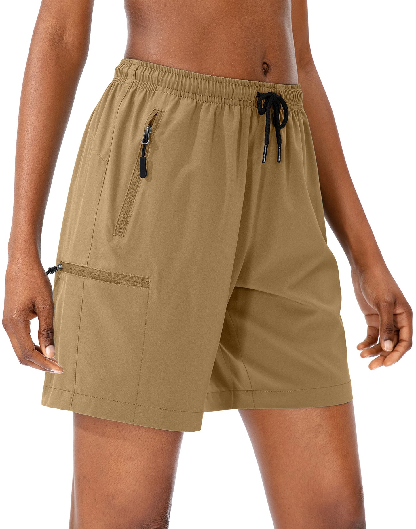 SANTINY Women's 5''/ 7''/9'' Hiking Cargo Shorts Quick Dry Lightweight Summer Shorts for Women Athletic Golf Zipper Pockets(Dark Khaki_S)