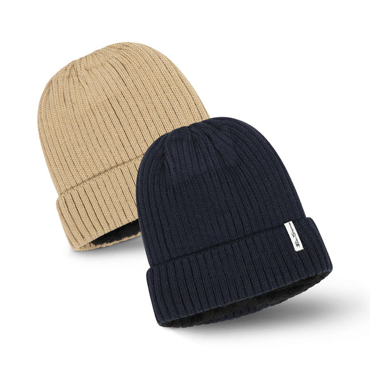 Ben Sherman Plush-Line Rib Knit Mens Hats - Cuffed Winter Hat with Fur Lining - 2 Pack Warm Beanie Hat, Khaki/Navy