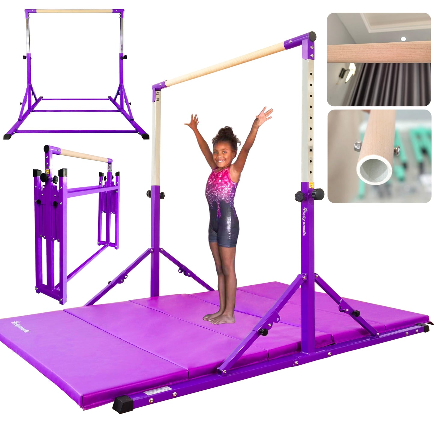 PreGymnastic Foldable Gymnastics Bar, 6FT Gymnastic Horizontal Bars, Folding Training Bar for Kids and Teenagers 3-18, Weight Limit 500 LB, Adjustable kip Bar,Children Home Gym Equipment Indoor