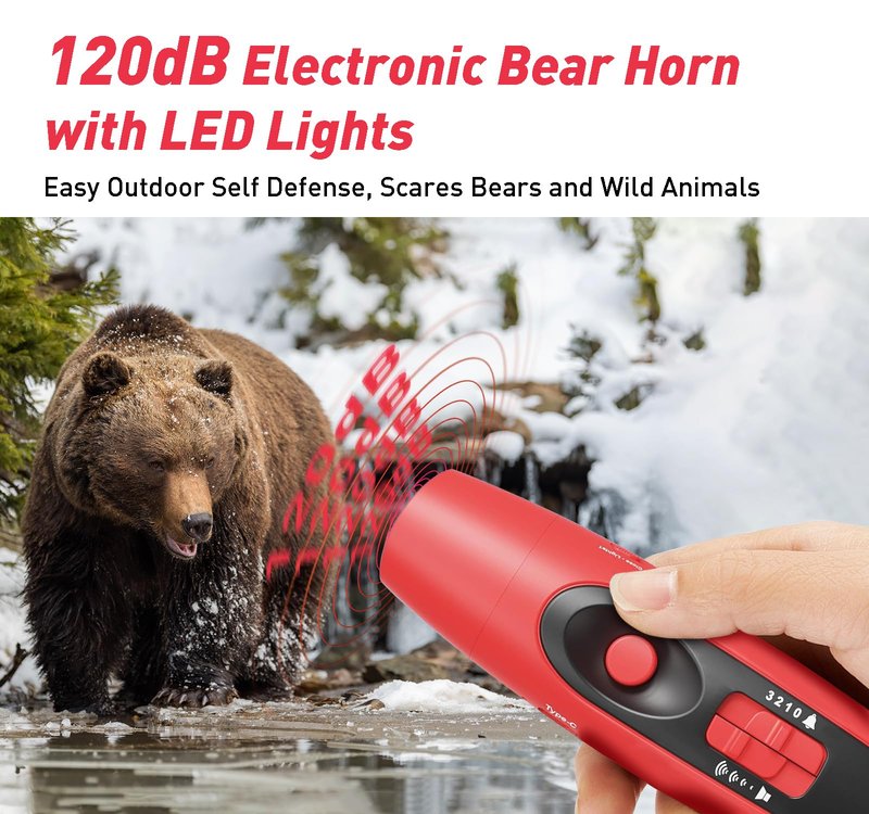 StarWorld Rechargeable Bear Horn - 120dB Electronic Air Horn for Bears with 4 Volume Levels & 3 Tones, Audible 0.5 Miles, LED Safety Light for Hiking, Camping, Wildlife Defense (red)