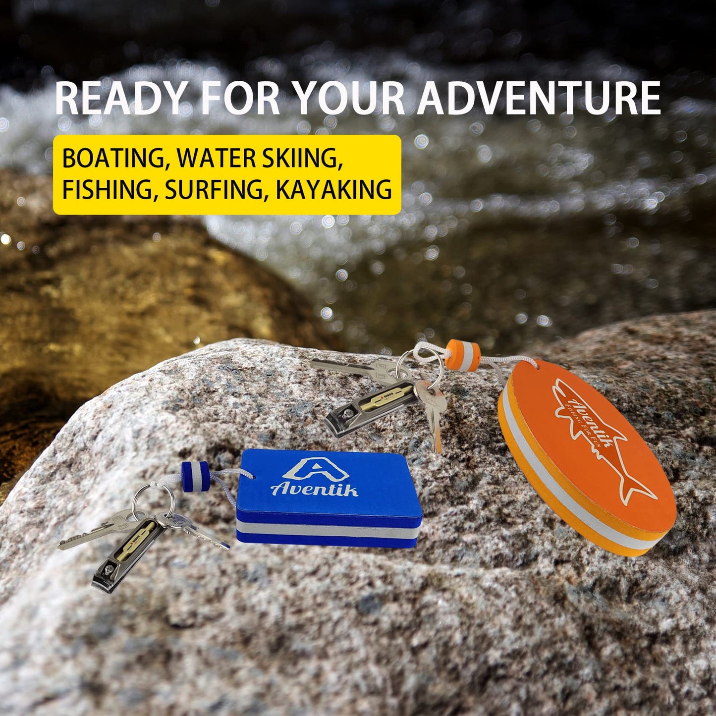 Riverruns Floating Key Ring Glow in Dark Lightweight Water Buoyant Key chain, Boat Key Chains for Water Sports (Orange & Blue, Medium)