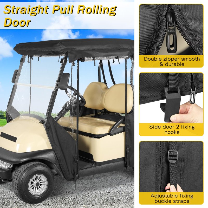 SANXIACAR Golf Cart Enclosure 2 Passenger for Club Car Precedent 2 Seater Open Front Windshield 3-Sided Clear Windows Waterproof Transparent Driving Rain Covers Roll-up Door Black (with Seat Blanket)