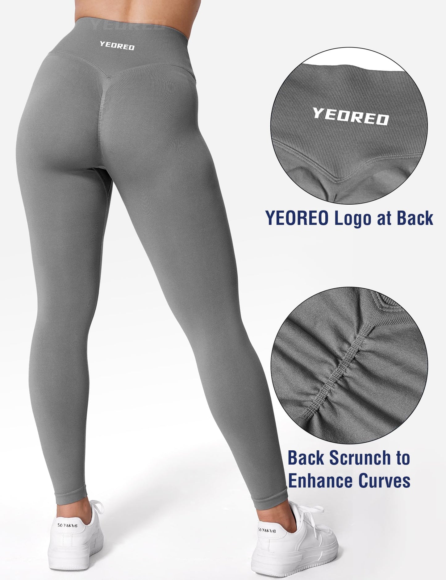 YEOREO V Waist Workout Leggings for Women Butt Lifting Scrunch Gym Leggings Amplify Seamless Yoga Pants Grey L