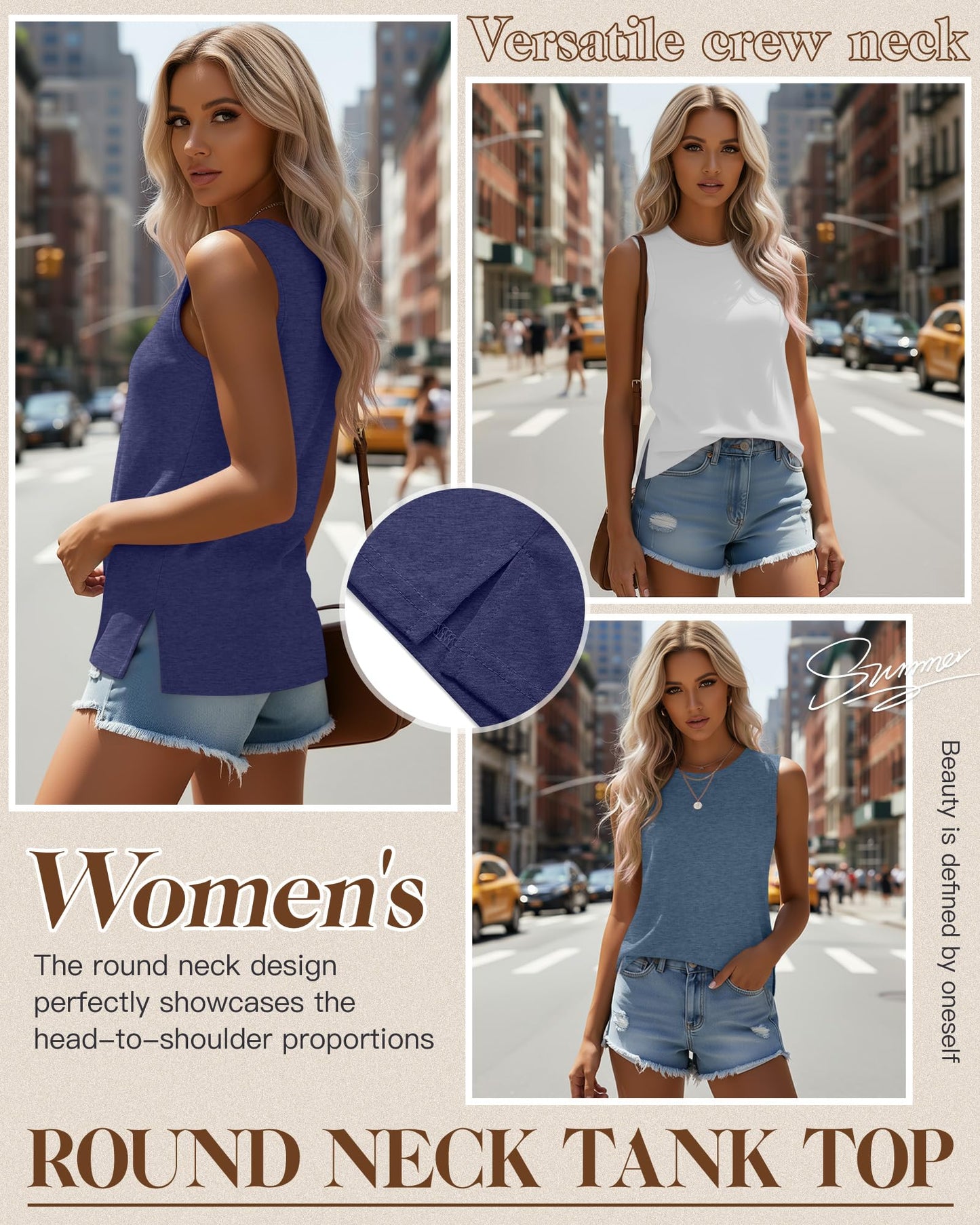 Ficerd 4 Pack Women's Sleeveless Tops, Casual Summer Loose Fit T Shirts Solid Color Tunic Tank Tops Ladies' Crew Neck(Medium,Dark Blue, White, Light Heather Gray, Haze Blue)