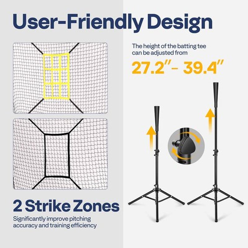 VIVOHOME Baseball Softball Hitting Net with Large Ball Collection System, 7 x 7 ft Baseball Batting Pitching Net with Tee, 2 Strike Zone, Carry Bag, Black