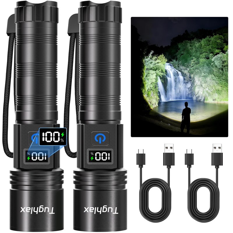 Tughlax LED Rechargeable Flashlights 9900 High Lumens 2Pack, Super Bright Flashlight, Zoomable Powerful Camping Flashlights with LCD Digital Display, 5 Modes Waterproof Flash Light for Home