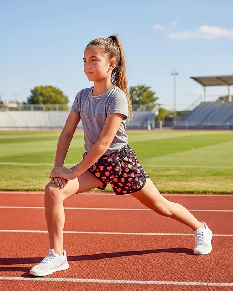 dELiA*s Girls Athletic Shorts - 4 Pack Performance Gym Shorts for Outdoor Activities with Fanny Pack - Size Up for Better Fit, Size 10/12, Black Hearts/Pink Geometric