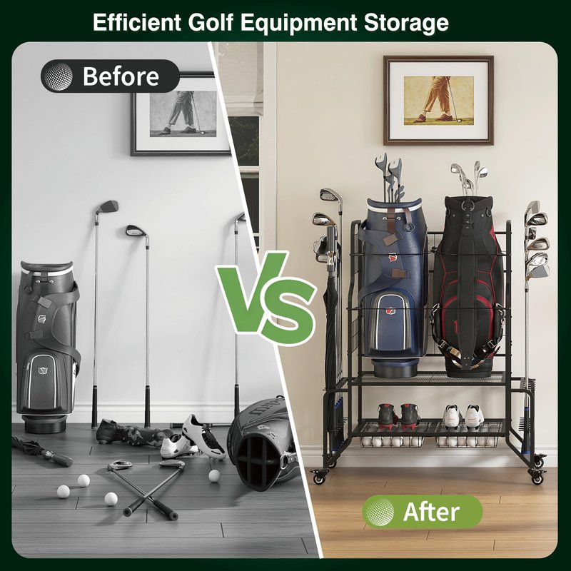 Fitpoint Golf Bag Storage Garage Organizer Golf Bag Stand Fits 2 Bags Extra Clubs Balls Shoes Golf Equipment Accessories Golf Storage Rack for Garage Club Shed