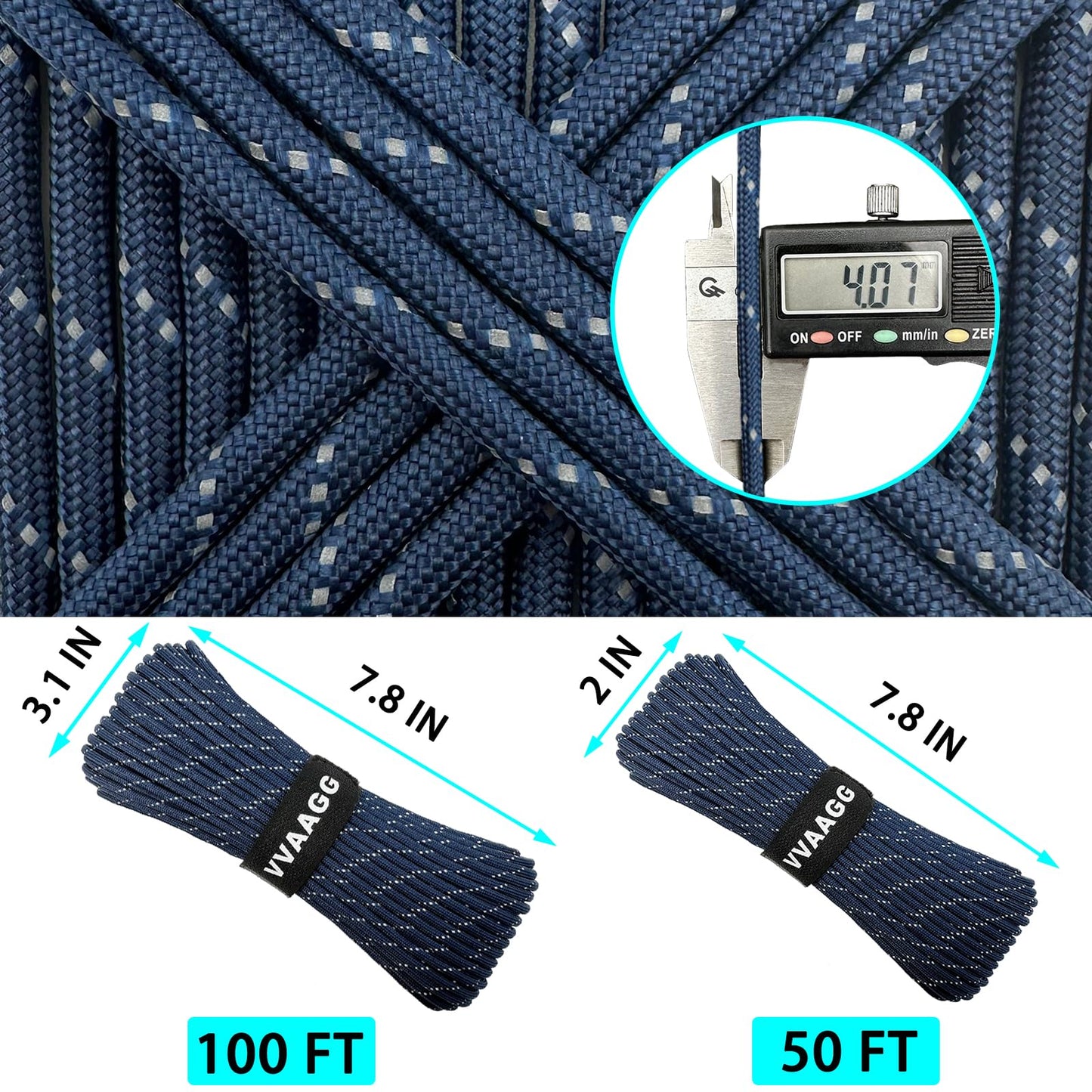 VVAAGG Reflective Paracord Rope 100FT, 7 Strand Nylon para Cord Lanyard Utility 550 Parachute Cord, 4mm Thin Tent Rope for Outdoor Camping Hiking (Navy Blue)