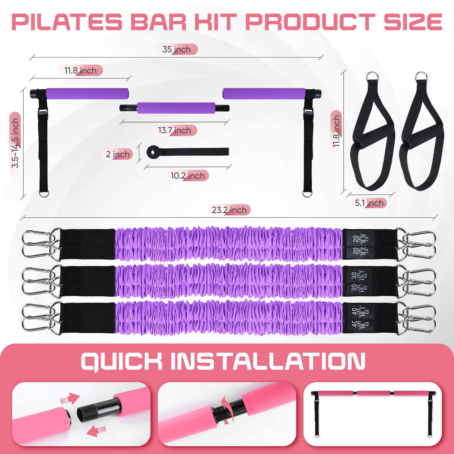 TADAKAZU Pilates Bar Kit with Resistance Bands, Exercise Fitness Equipment for Women & Men, Home Gym Workouts，Portable Pilates Bar Kit Resistance Bands for Women Full Body Workouts,Purple