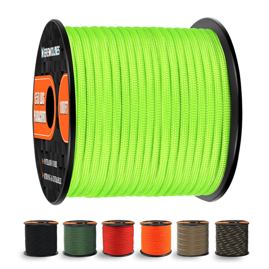 WEREWOLVES 650lb Paracord/Parachute Cord - 9 Strand Paracord Rope - 100', 200' Spools of Parachute Cord, Type III Paracord for Camping, Hiking and Survival (Safety Green, 100 Feet)