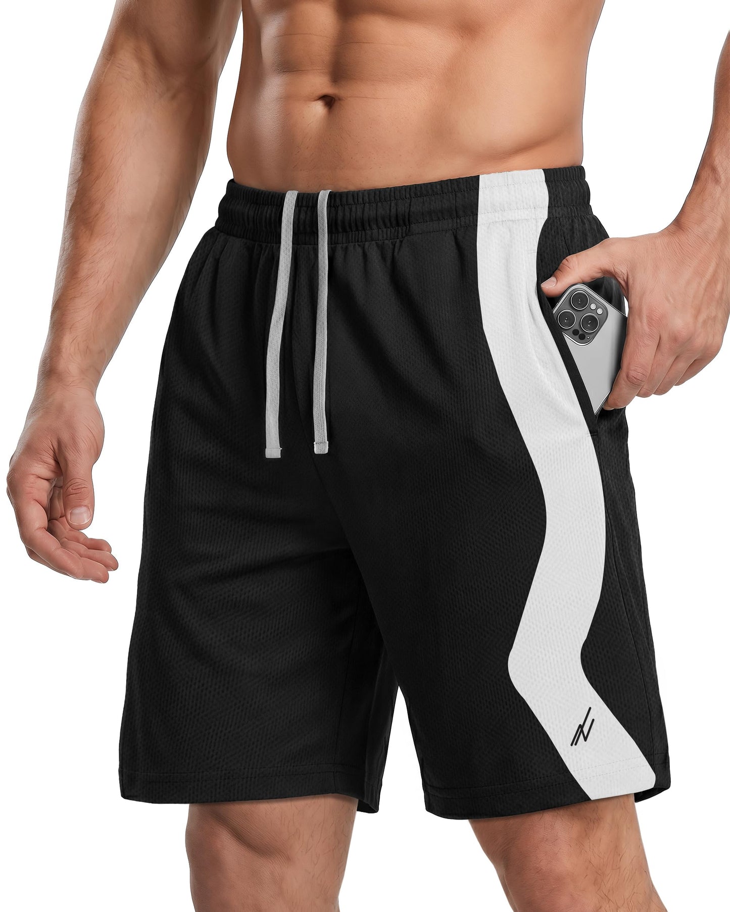 NY Threads Men's Athletic Shorts Quick Dry Loose-Fit Lightweight Running Workout Gym Shorts with Pockets, X-Large, Black White Panel