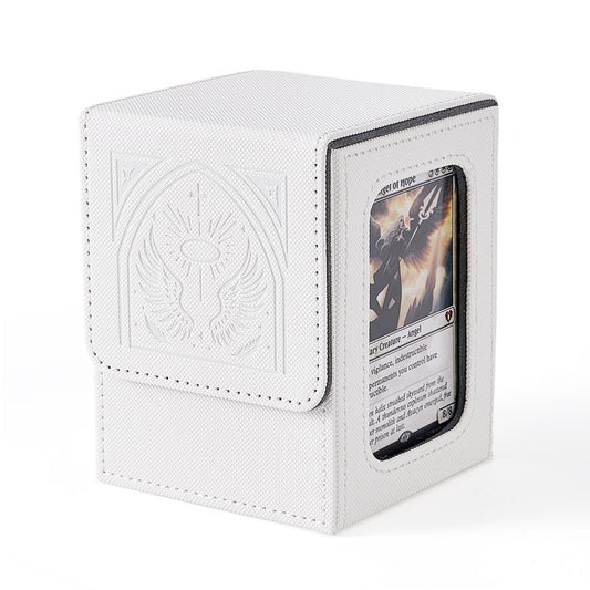 Venssu MTG Deck Box with Commander Display, Angel Card Deck Case Fits 120 Single Sleeved Cards, TCG Card Storage Box with 2 Dividers and 1 Toploader (White＆Grey)