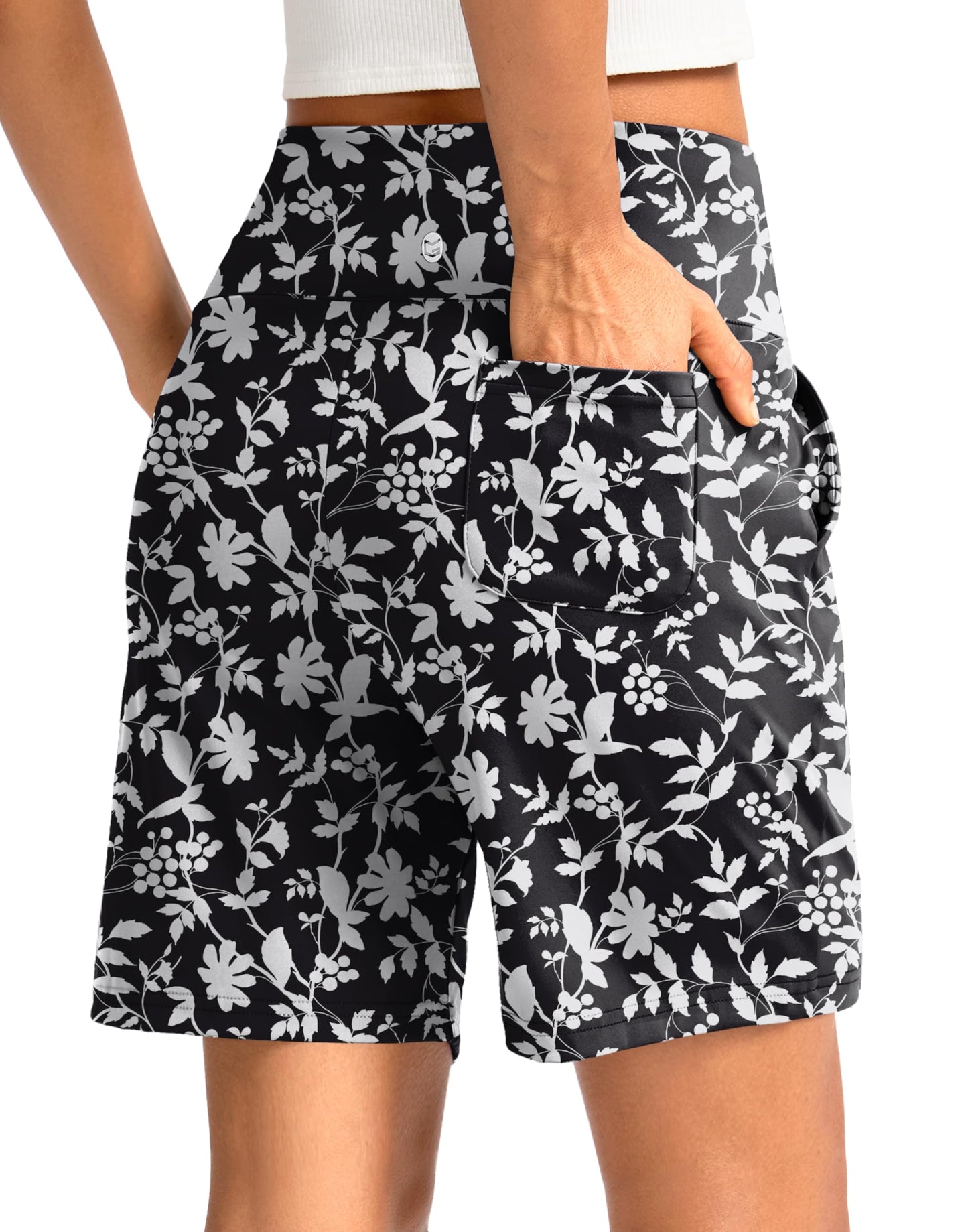 G Gradual Women's Bermuda Long Shorts with Pockets 7" High Waisted Knee Length Shorts for Women Walking Athletic Workout(White Flower-L7,XXL)
