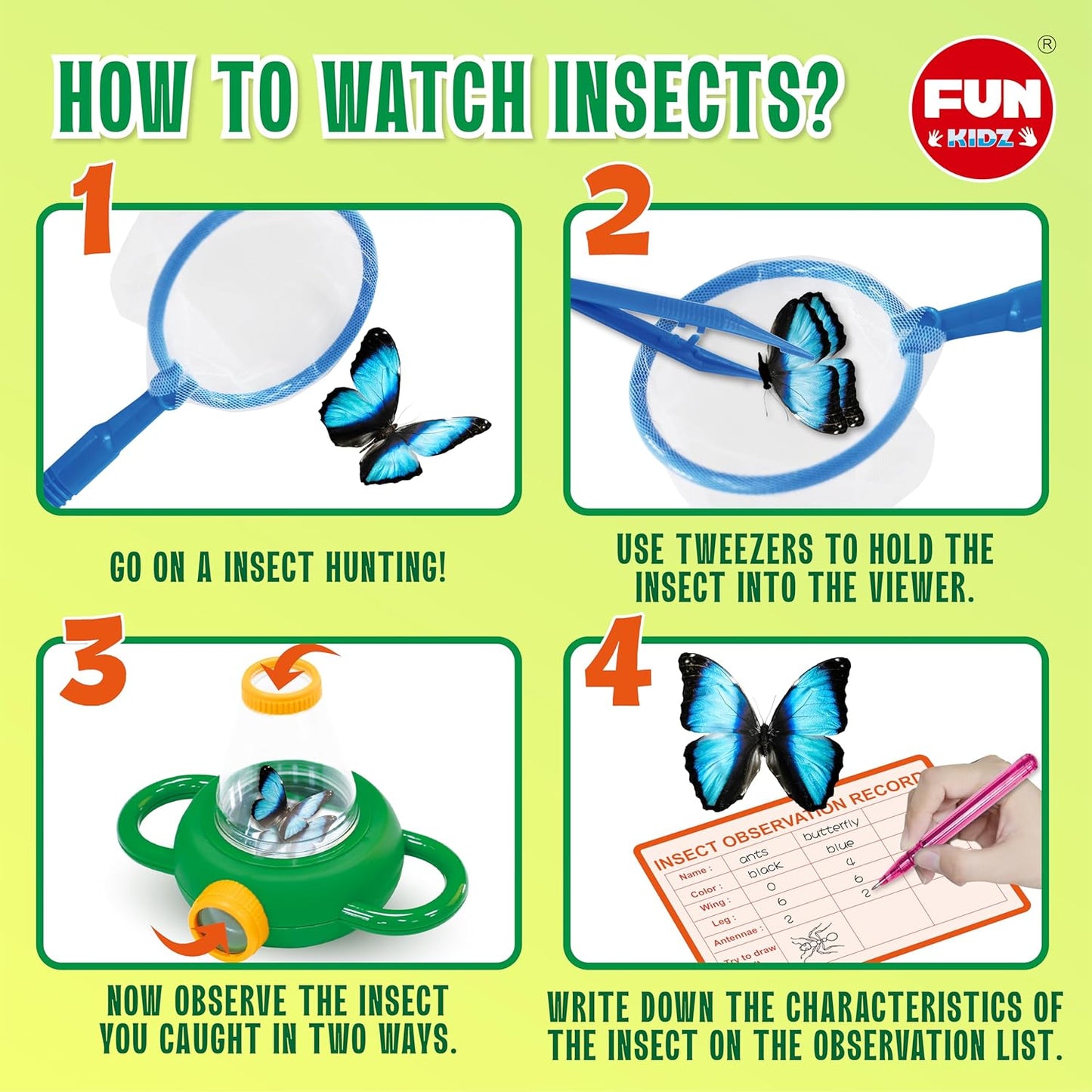 Bug Catcher Kit for Kids - Outdoor Science Activity with Magnified Viewer | Includes Net, Tweezers & Record Lists for Ages 3-12