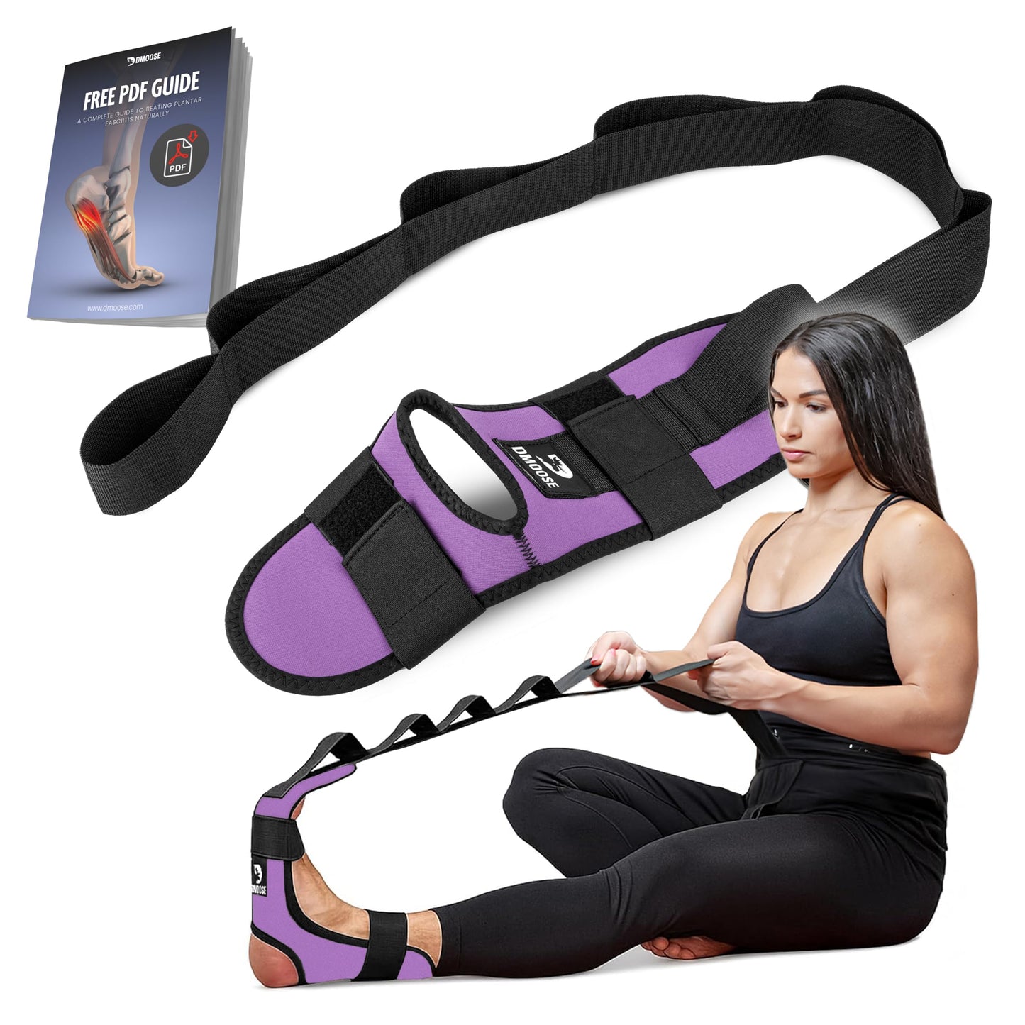 DMoose Fitness Foot & Calf Stretcher with Adjustable Padded Stretching Strap for Plantar Fasciitis, Hamstring, Heel Spurs and Achilles Tendonitis Relief - Yoga Leg Stretch Strap (Purple)