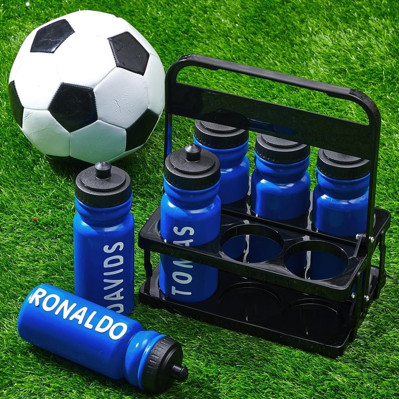 Suclain Water Bottle Carrier with 20 Oz Bottles and Stickers Plastic Wide Mouth Sports Water Bottle Squeeze Team Bottles with Black Lid for Fitness Bike Gym(7 Pcs,Dark Blue)