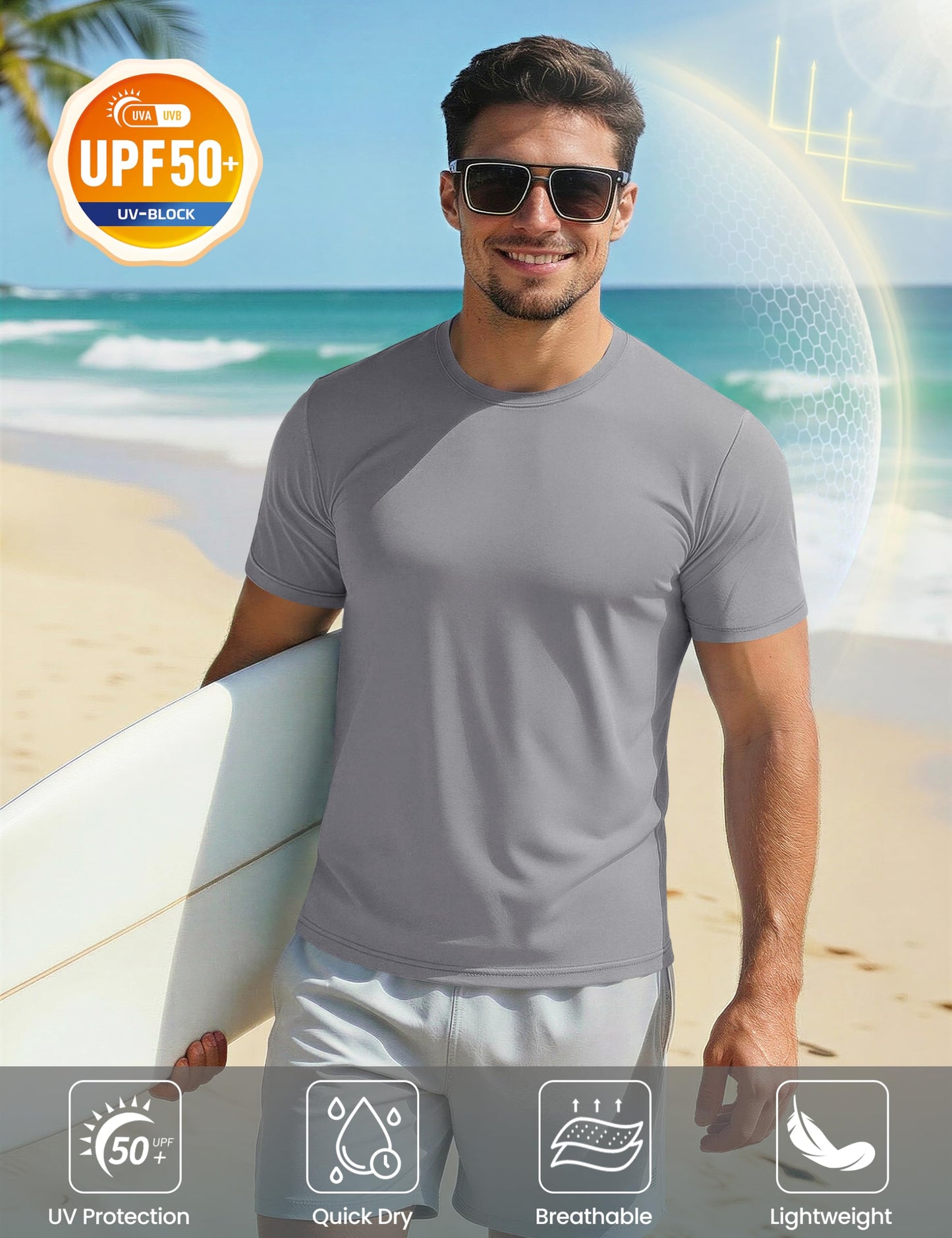 Running Shirt Men Rash Guards Shirts Dry Fit Fitness Shirts Top Tee Short Sleeve Active Shirts Gym Tshirts Workout T-Shirts Light Grey