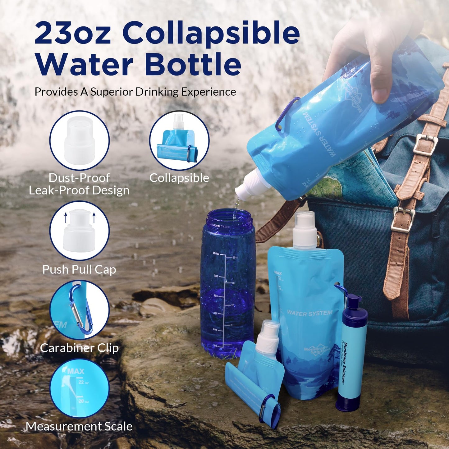 Membrane Solutions 23oz Collapsible Water Bottle for Water Filter Straw, Reusable Water Pouch with Carabiner and Measurement, Foldable Water Container Bag for Hiking Camping Travel Emergency - 4 Pack