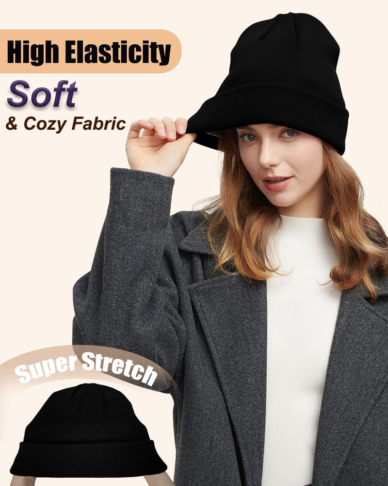 Satin Lined Beanie Hat for Women Men, Wool Knit Cuffed Silk Lining Fisherman Beanies Slouchy Warm Winter Hats Skull Cap Unisex, Black