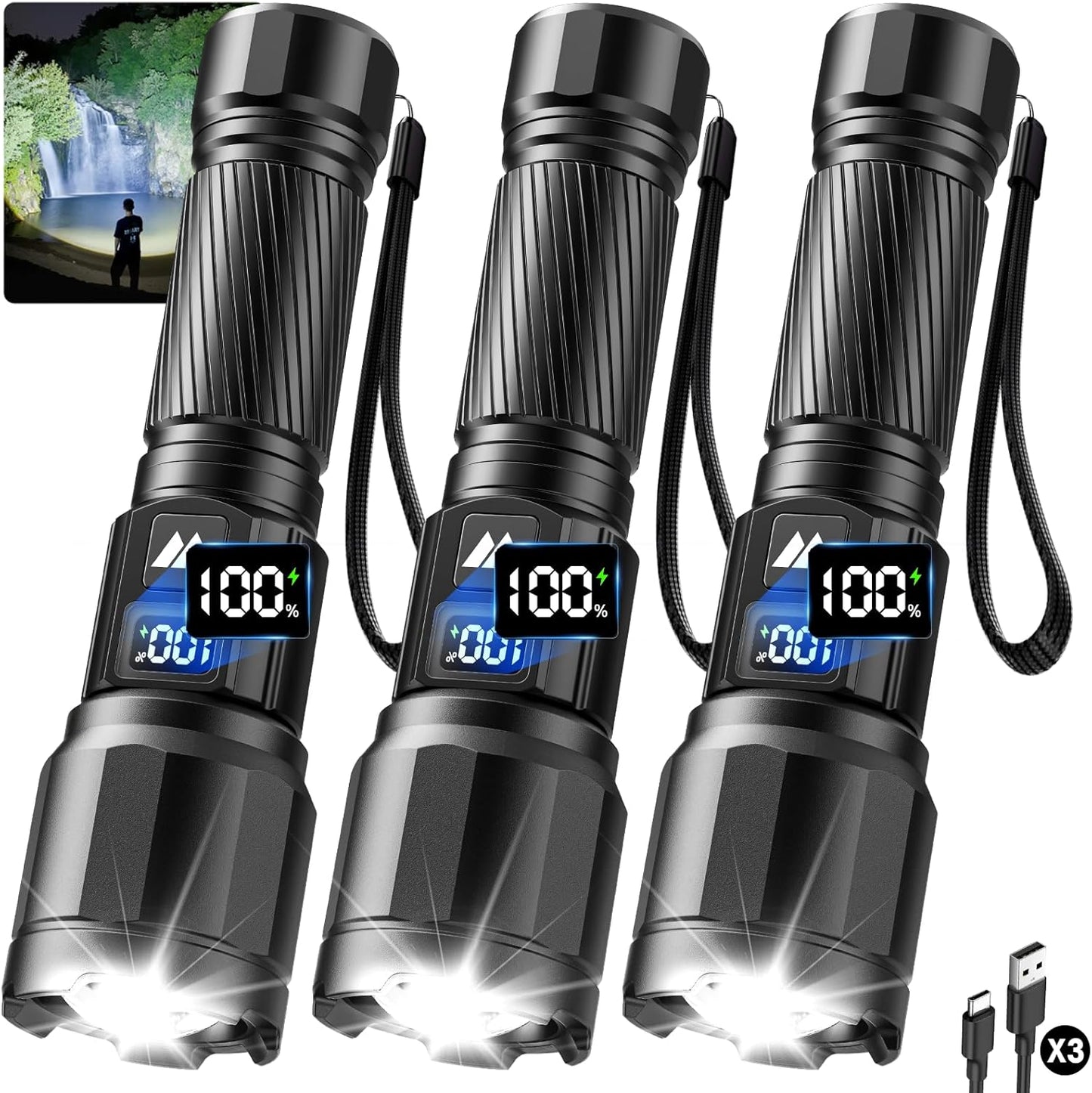 Rechargeable Flashlights - High Lumens LED Tactical Flashlight with LCD Power Display | Zoomable, 15H+ Runtime, IP65 Waterproof for Home & Camping