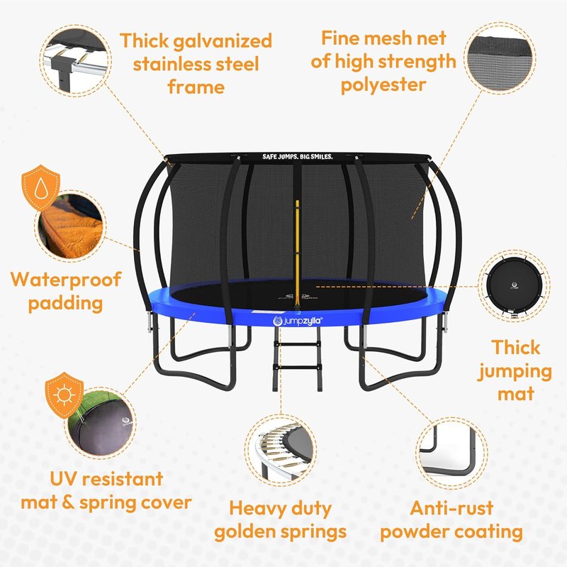 Outdoor Trampoline with Enclosure - 8FT to 16FT Sizes | Non-Slip Ladder & Anti-Rust Frame, ASTM Approved for Kids & Adults