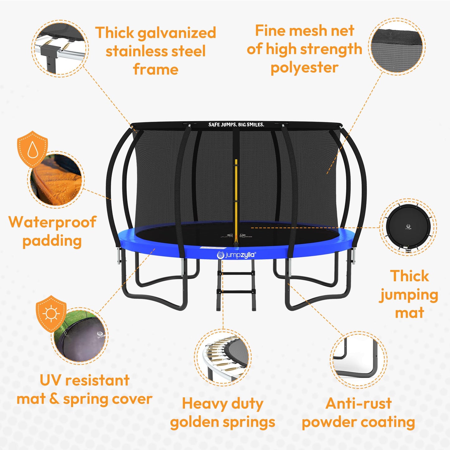 JUMPZYLLA Trampoline Outdoor 8FT 10FT 12FT 14FT 15FT 16FT with Enclosure, Non-Slip Ladder & Anti-Rust Coated Frame, ASTM Approved Recreational Backyard Large Trampoline with Net for Kids & Adults