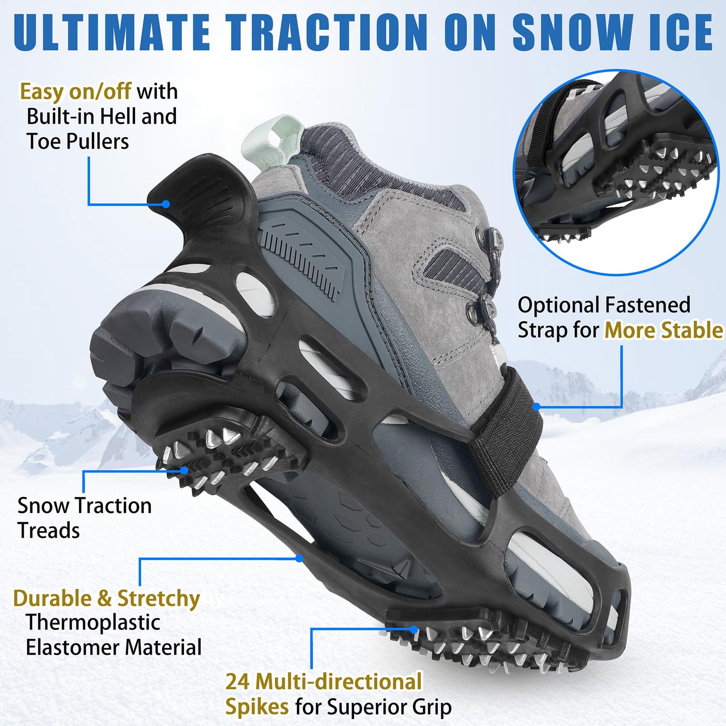 Ice Cleats, Crampons Snow Traction Ice Cleats for Shoes and Boots Women Men, Non Slip Grippers Spikes for Shoes with Straps, Slip-on Rubber Overshoe Stretch Footwear for Winter Walking Hiking Fishing