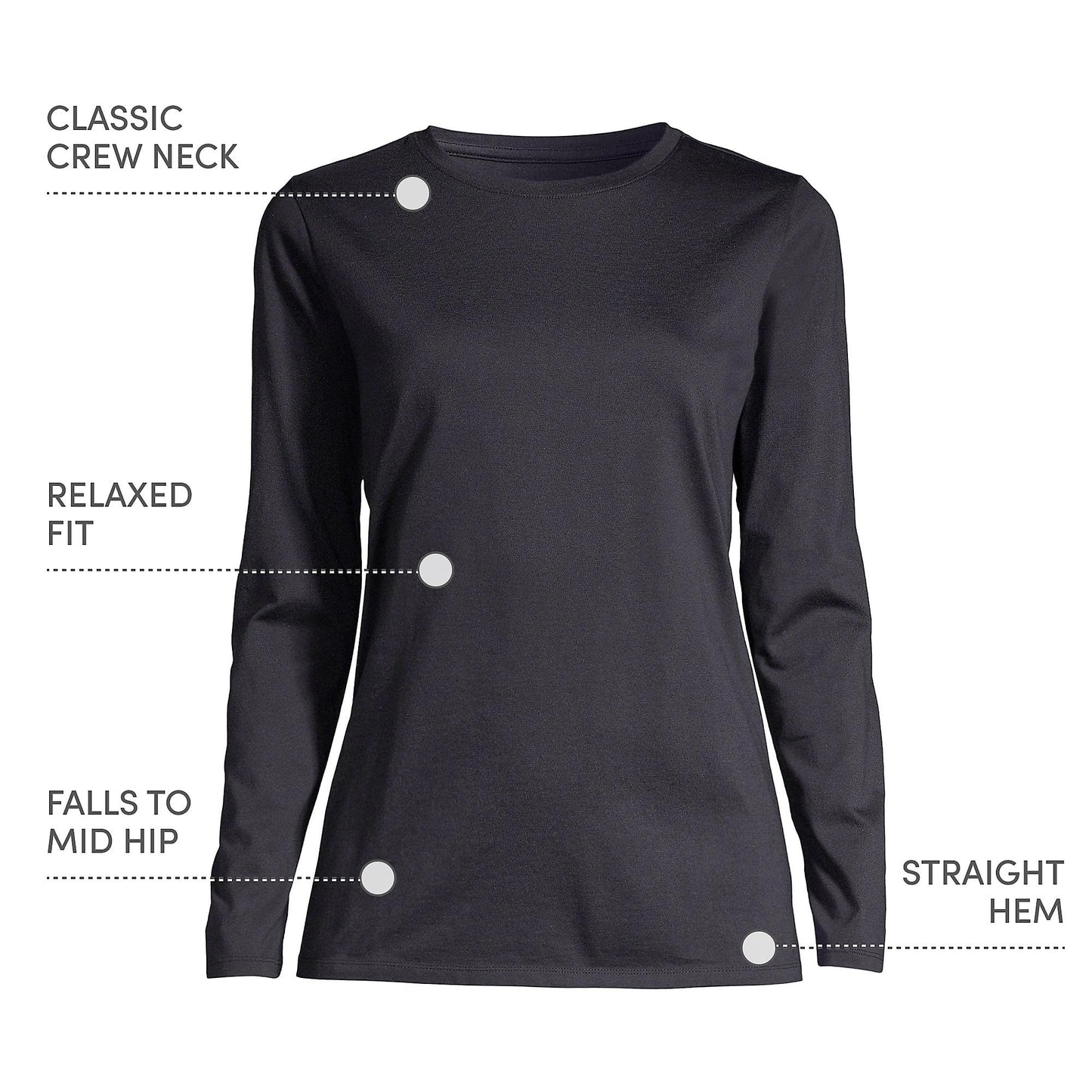 Lands' End Womens Long Sleeve Relaxed Supima Cotton Crew Neck T Shirt Black Plus 3X