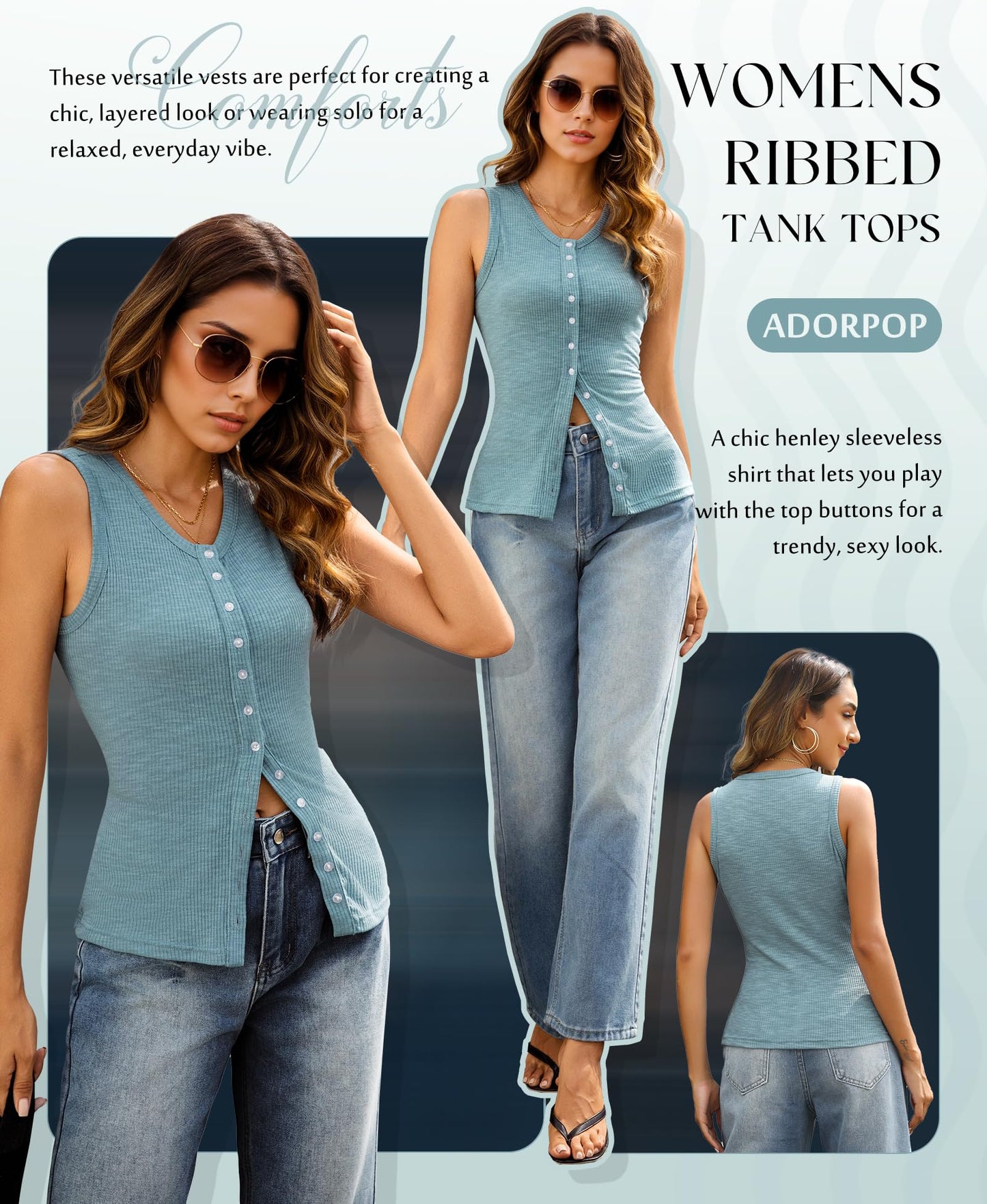 ADORPOP Ribbed Tank Tops for Women - Sleeveless Blouse Crew Neck Button Down Vest Shirts Slim Fit Summer Casual Basic Top Blue Medium