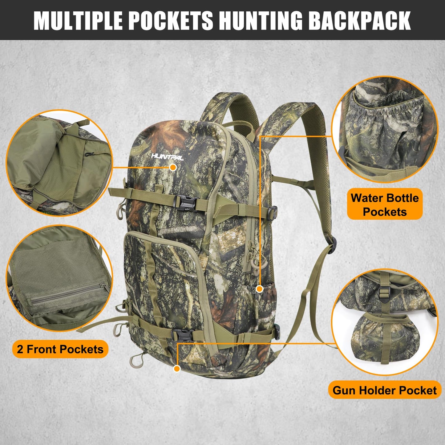 HUNTPAL Hunting Backpack, Waterproof Camo Hunting Daypack with Storage Pockets, Long-Lasting Bag for Rifle Shotgun Bow Gun (Medium)