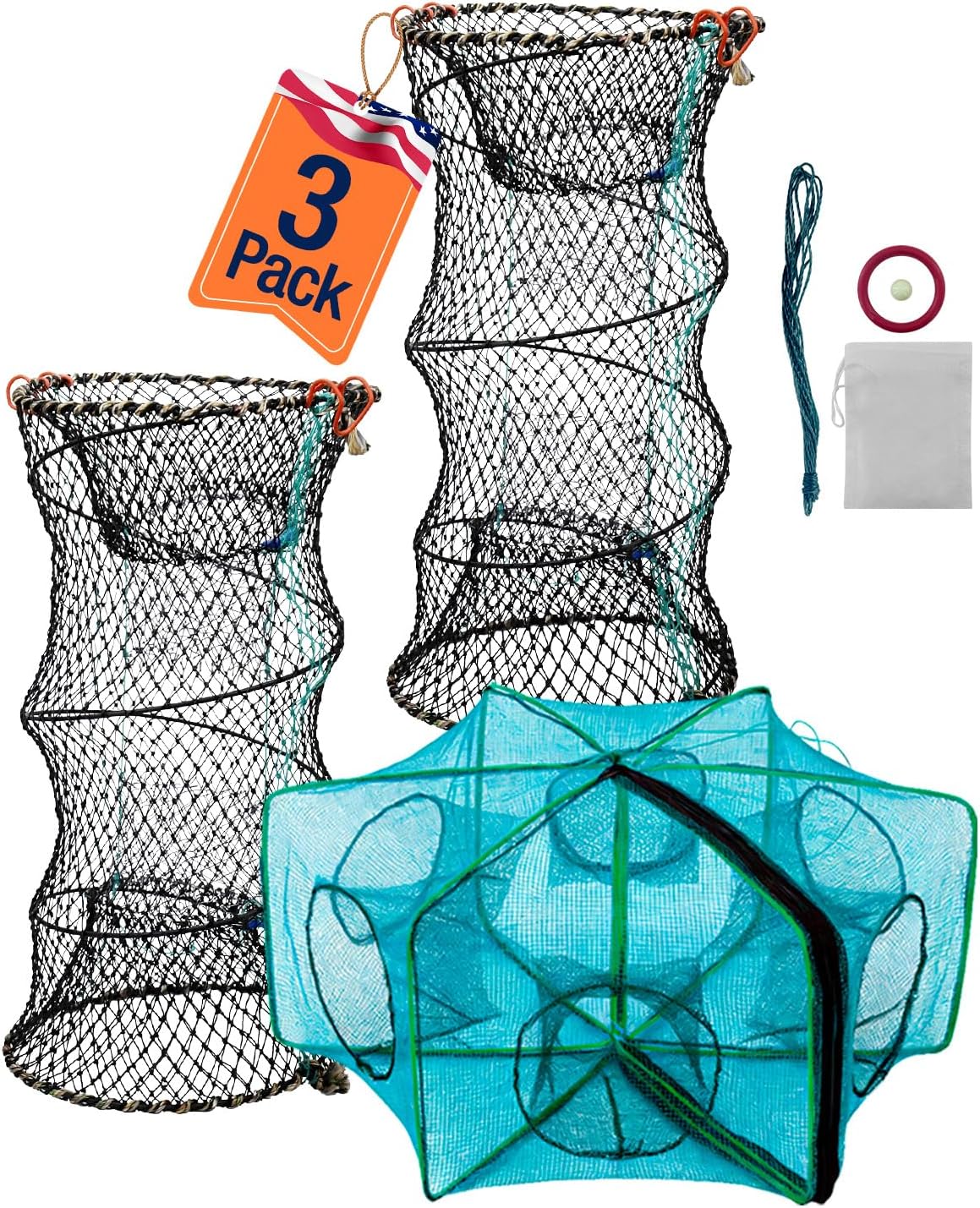 Collapsible Crab Trap - 3 Pack Hexagon Crawfish & Bait Net | 12"x21" with 1" Entry Holes, Portable Galvanized Steel