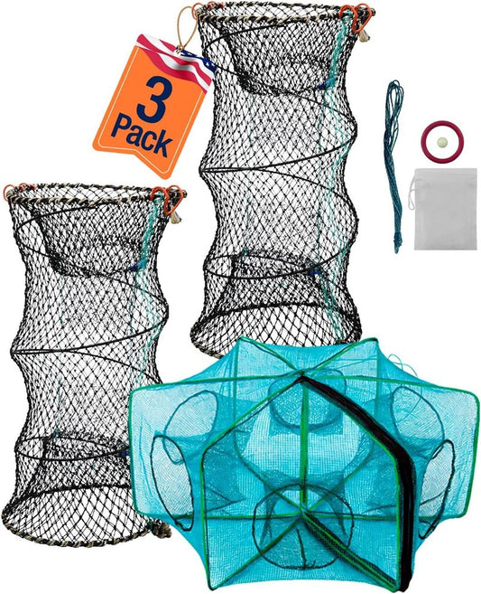 Collapsible Crab Trap - 3 Pack Hexagon Crawfish & Bait Net | 12"x21" with 1" Entry Holes, Portable Galvanized Steel