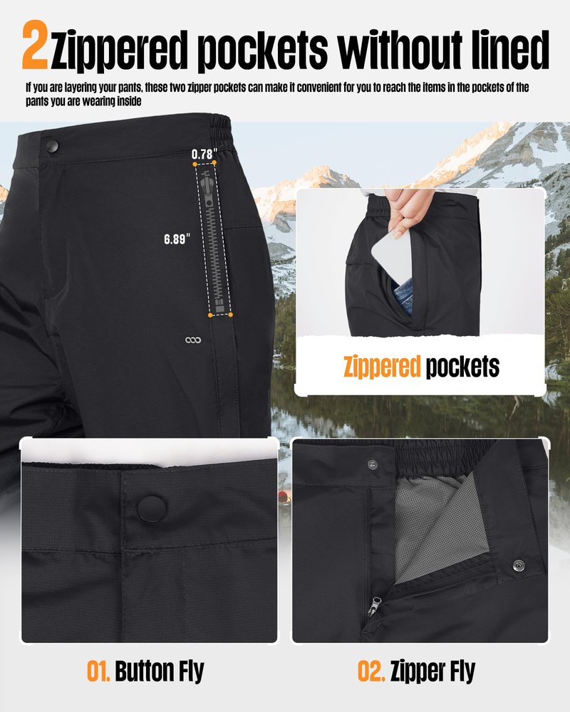 33,000ft Women's Full Zip Rain Pants Lightweight Rain Over Pants Windproof Outdoor Hiking Fishing Golf Black
