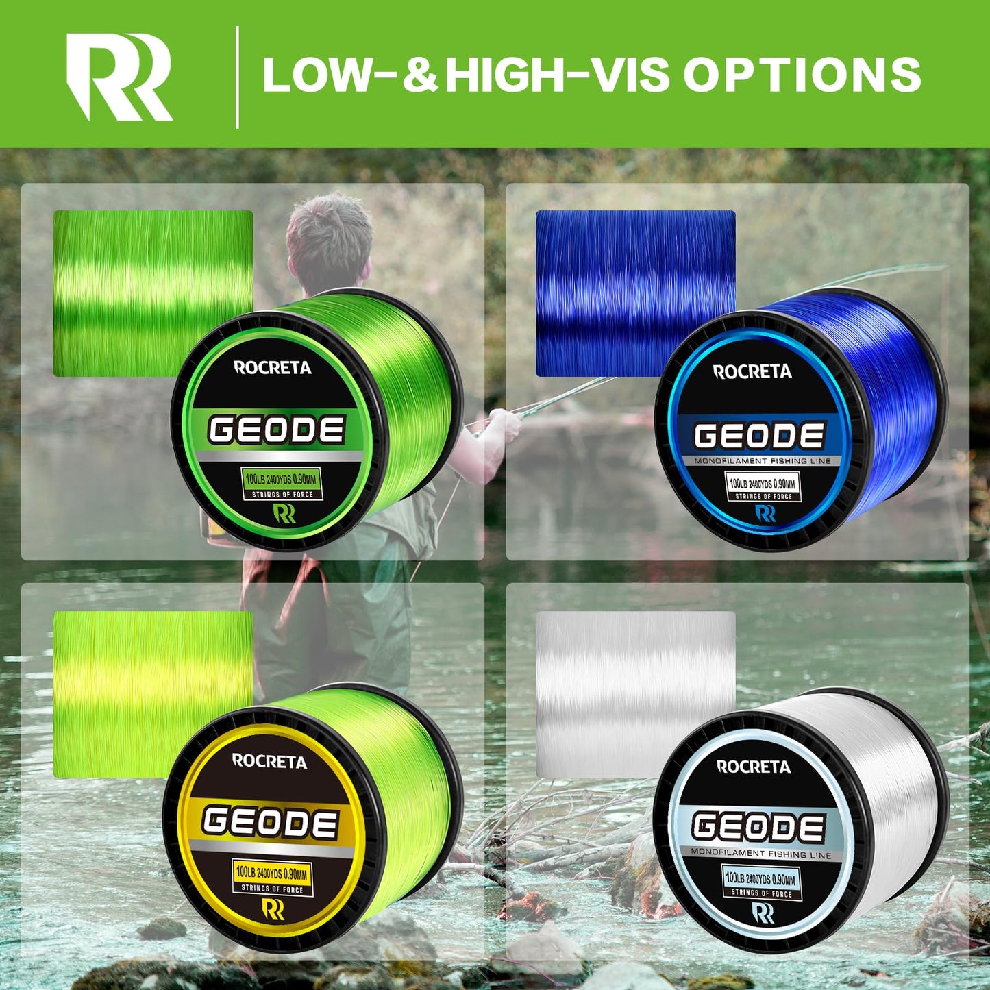 ROCRETA Geode Monofilament Fishing Line - Premium Resistant Nylon Mono Fishing Line 3-100lb - Superior Freshwater & Saltwater Mono Leader Materials 500/1200/2400yds