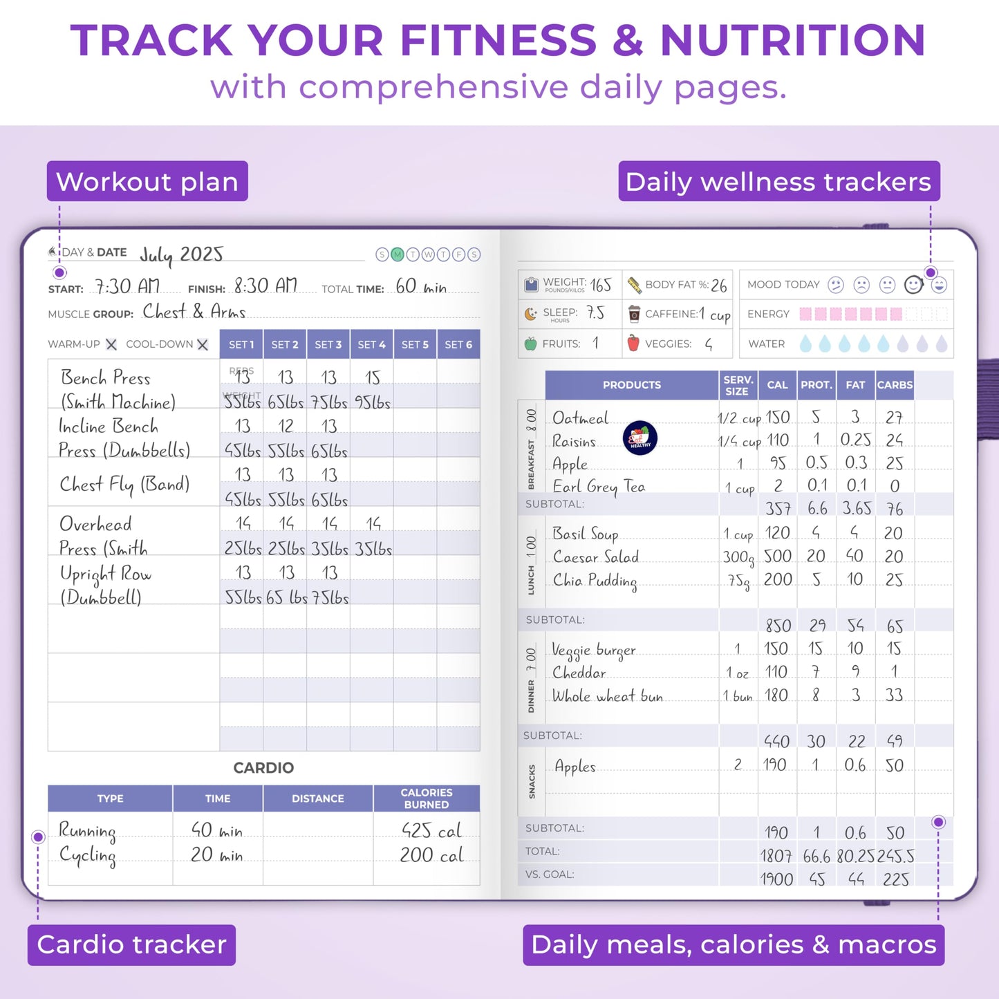 Clever Fox Fitness & Food Journal Pocket – Nutrition & Workout Planner for Women & Men – Diet & Gym Exercise Log Book with Calendars, Diet & Training Trackers – Lasts 3 Months, 4.3x5.5” (Purple)