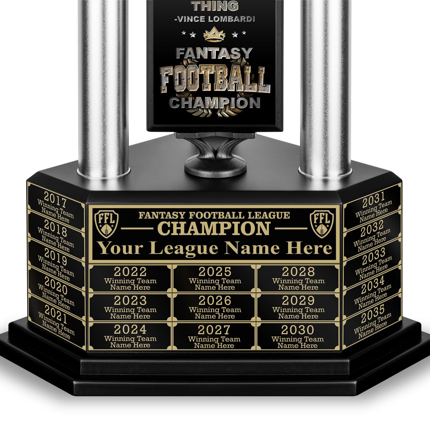 TrophySmack Perpetual Fantasy Football Trophy - Customizable Championship Trophy Award Winner | Free Engraving up to 19 Years Past Winners, 56 Inch Tall (Silver Gold)