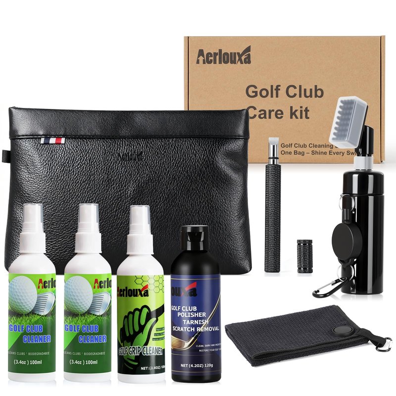 7-in-1 Golf Club Cleaning Kit - Club Cleaner, Grip Cleaner, Polish, Water-Spray Brush, Groove Cleaner, Magnetic Towel & Portable Bag | Restores Clubs, Removes Rust/Scratches, Renews Tackiness