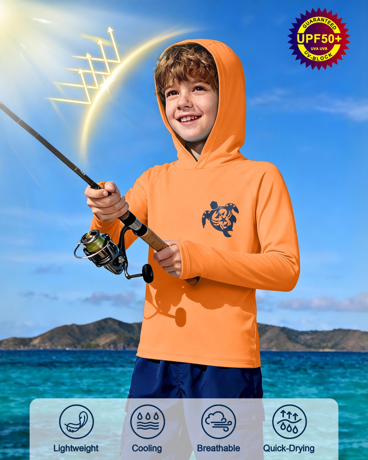 DRONIRING Boys Rash Guard Swim Hoodie, UPF 50+ UV Sun Protection Long Sleeve Fishing Shirt, Kids Youth SPF Water Shirts