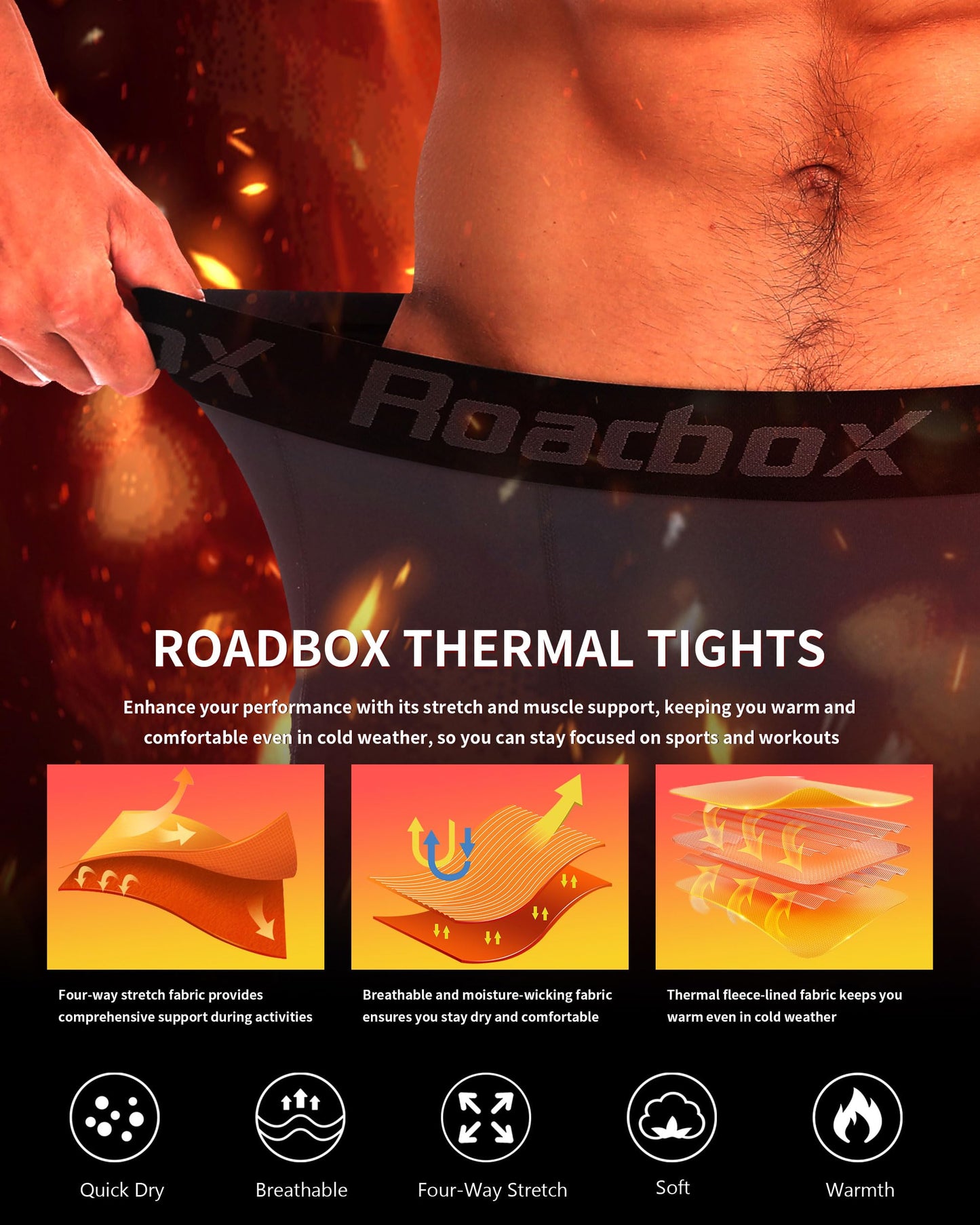 Roadbox Men's Thermal Compression Pants, Fleece Lined Running Tights with Pockets, Ski Leggings Athletic Base Layer Bottoms Dark Gray