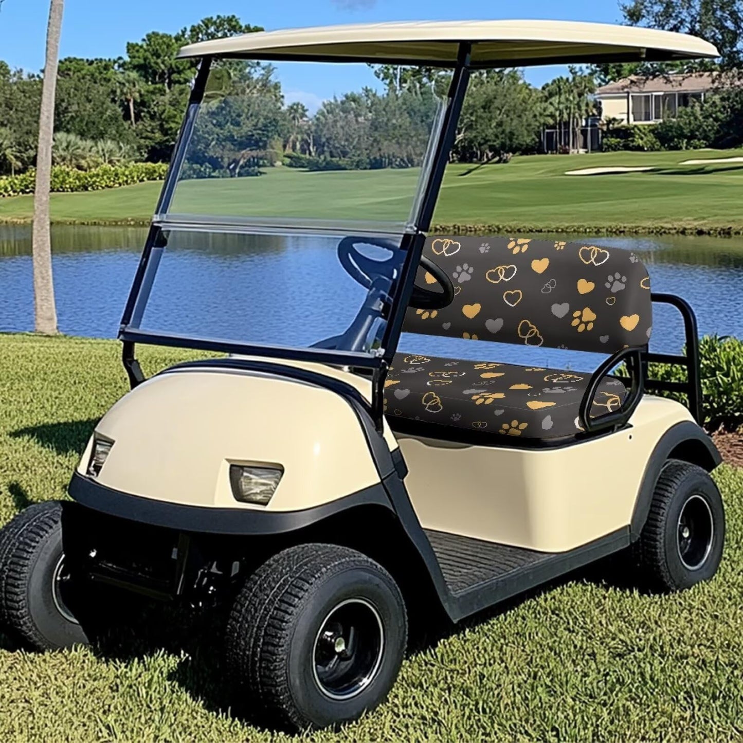 Darisoco Dog Paw Black Golf Cart Seat Covers Replacement - Universal Fit for EZGO TXT/RXV & Club Car Precedent, Anti-Slip Design with Elastic Edges, Durable Outdoor Protection